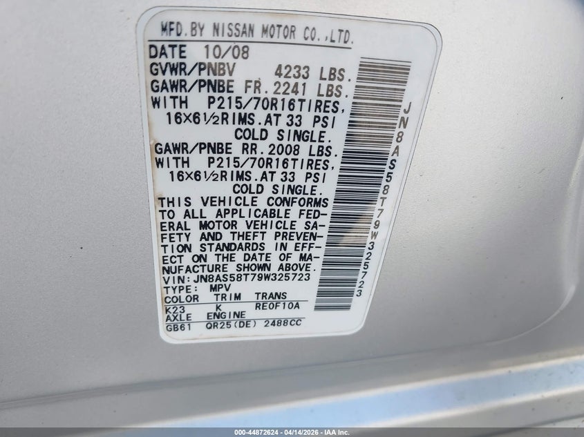 2009 Nissan Rogue S VIN: JN8AS58T79W325723 Lot: 44872624