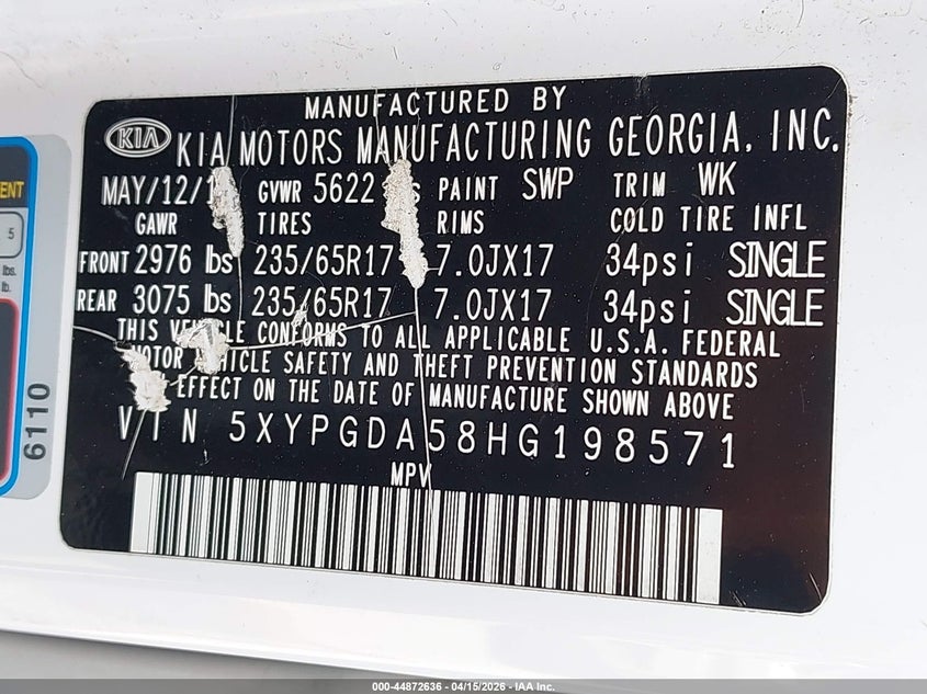 2017 Kia Sorento 3.3L Lx VIN: 5XYPGDA58HG198571 Lot: 44872636