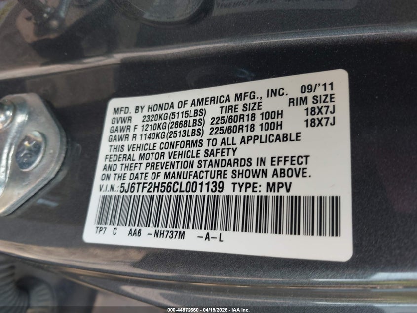 2012 Honda Crosstour Ex-L VIN: 5J6TF2H56CL001139 Lot: 44872660