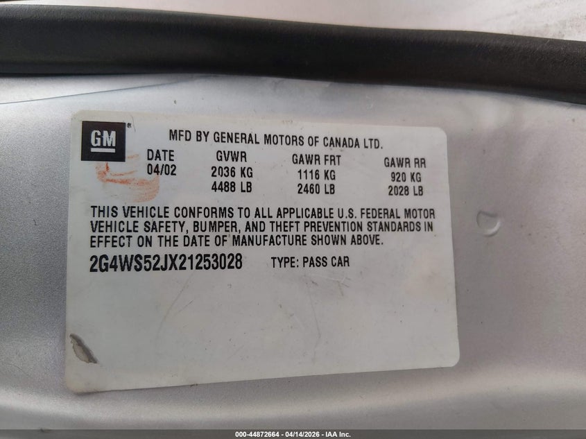 2002 Buick Century Custom VIN: 2G4WS52JX21253028 Lot: 44872664