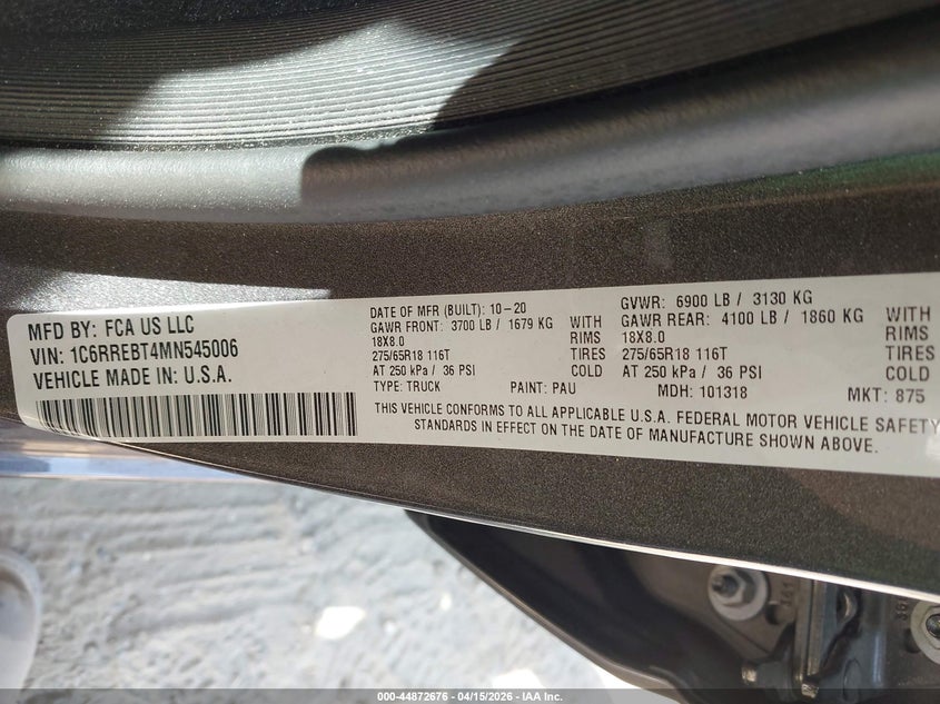 2021 Ram 1500 Big Horn 4X2 6'4 Box VIN: 1C6RREBT4MN545006 Lot: 44872676