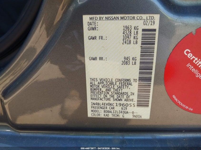 2019 Nissan Altima 2.5 Sl VIN: 1N4BL4EV0KC196055 Lot: 44872677