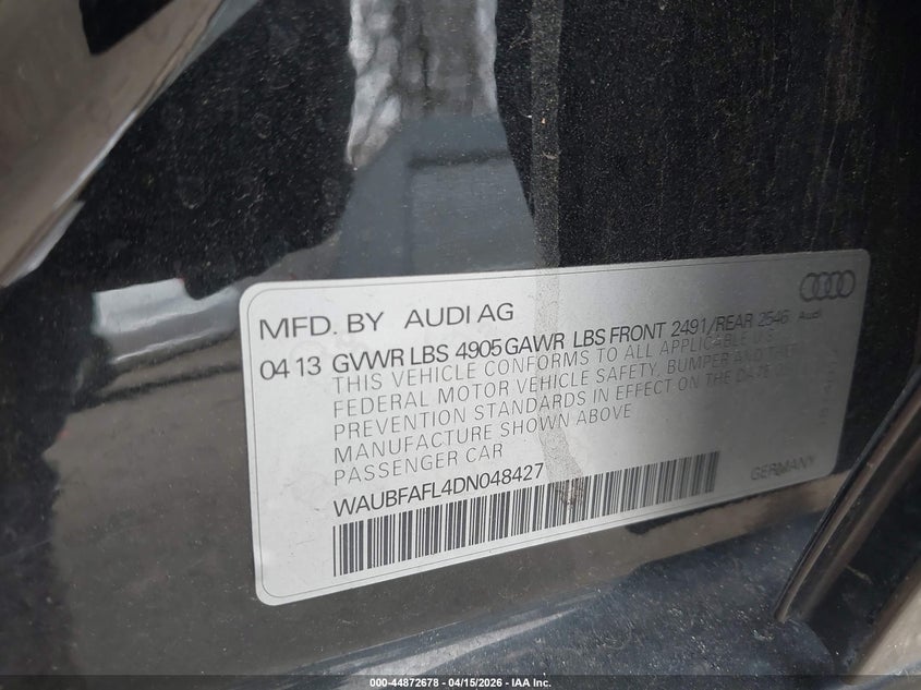2013 Audi A4 2.0T Premium VIN: WAUBFAFL4DN048427 Lot: 44872678