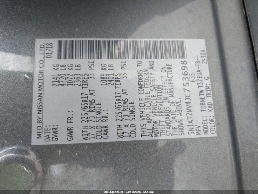 2018 Nissan Rogue Sv VIN: 5N1AT2MV4JC753698 Lot: 44872680