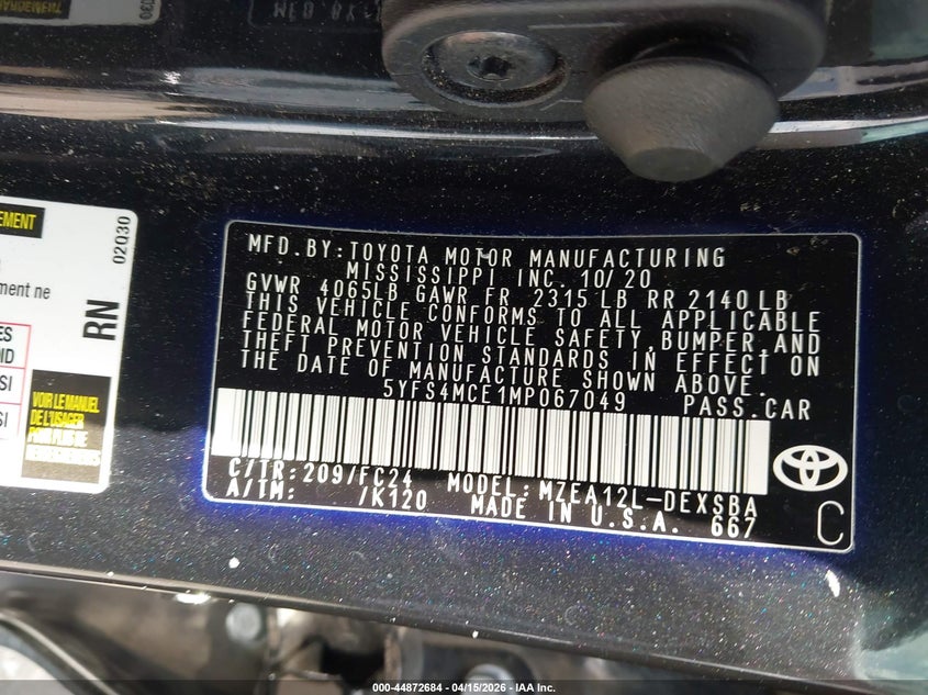 2021 Toyota Corolla Se Apex Edition VIN: 5YFS4MCE1MP067049 Lot: 44872684