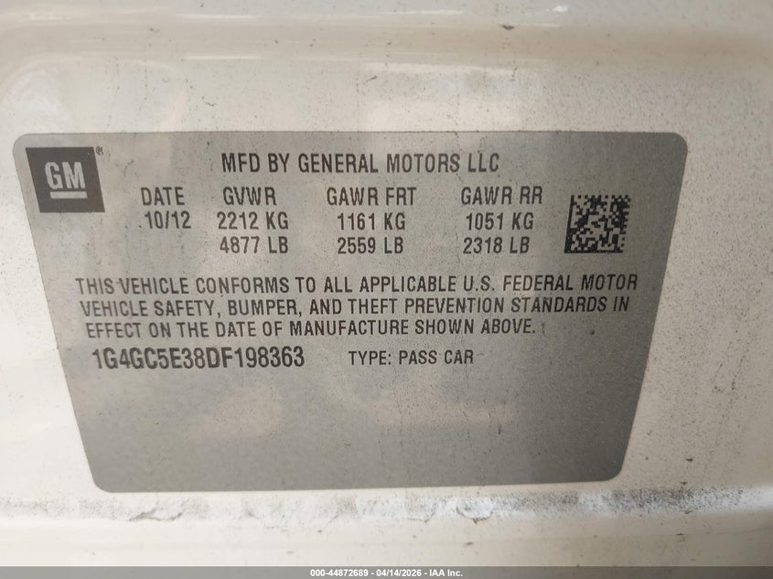 2013 Buick Lacrosse Leather Group VIN: 1G4GC5E38DF198363 Lot: 44872689