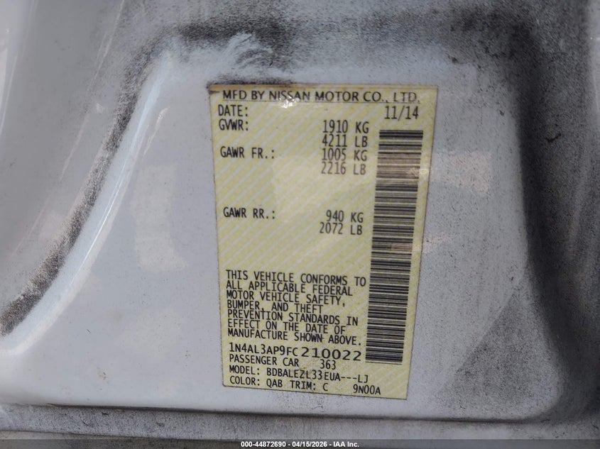 2015 Nissan Altima 2.5 S VIN: 1N4AL3AP9FC210022 Lot: 44872690