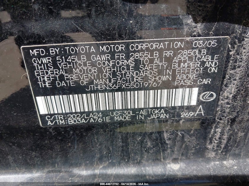 2005 Lexus Ls 430 VIN: JTHBN36FX55019767 Lot: 44872702