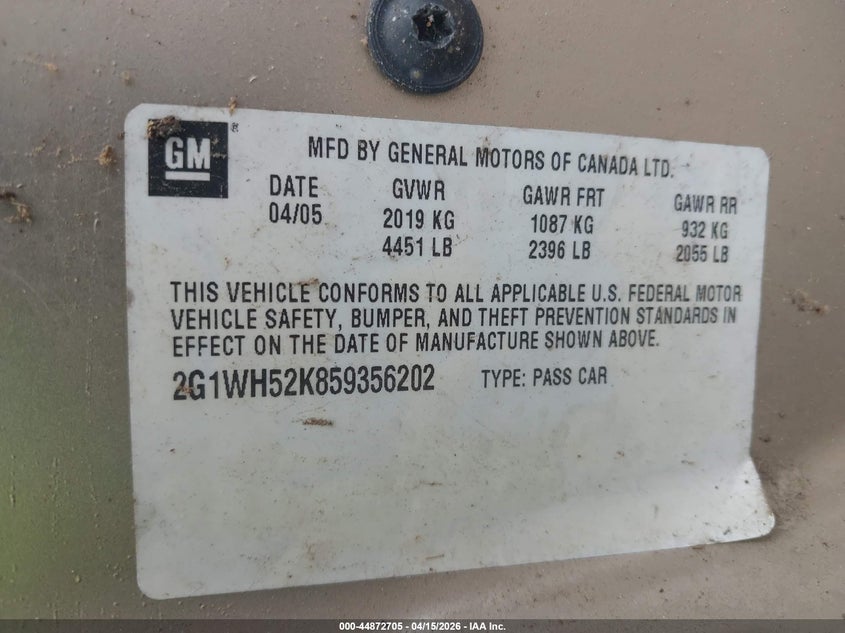 2005 Chevrolet Impala Ls VIN: 2G1WH52K859356202 Lot: 44872705