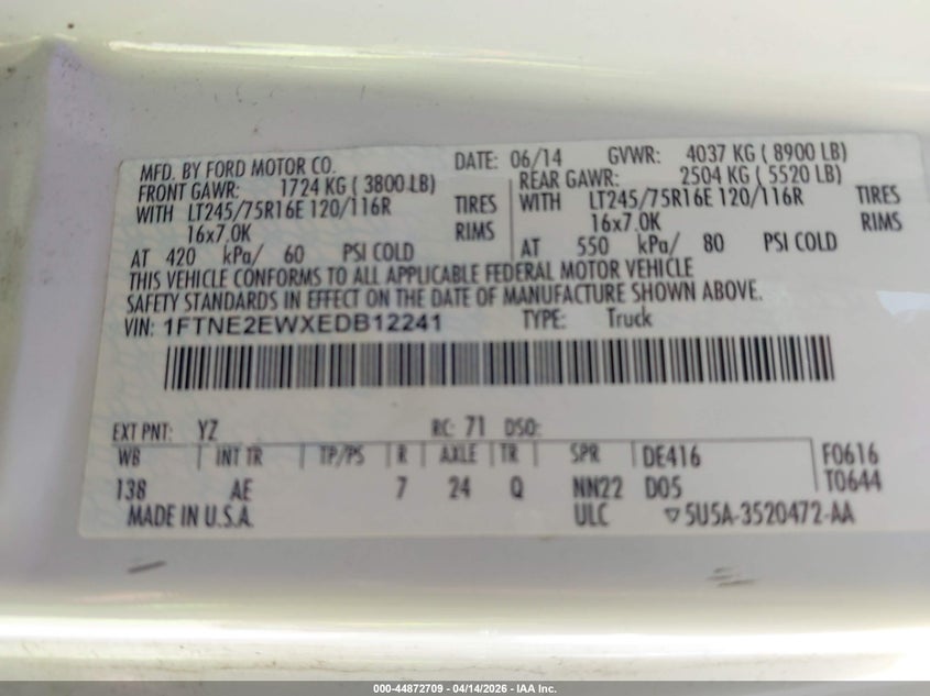 2014 Ford E-250 Commercial VIN: 1FTNE2EWXEDB12241 Lot: 44872709