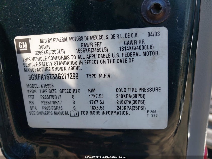 2003 Chevrolet Suburban 1500 Z71 VIN: 3GNFK16Z33G271299 Lot: 44872724