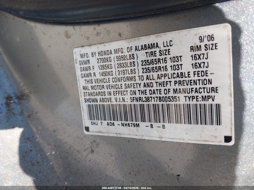 2007 Honda Odyssey Ex-L VIN: 5FNRL38717B005351 Lot: 44872739