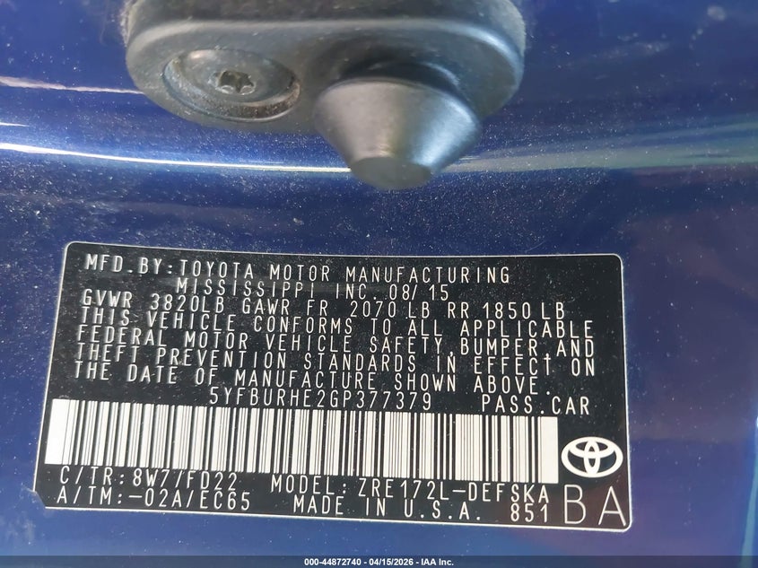 2016 Toyota Corolla S Plus VIN: 5YFBURHE2GP377379 Lot: 44872740