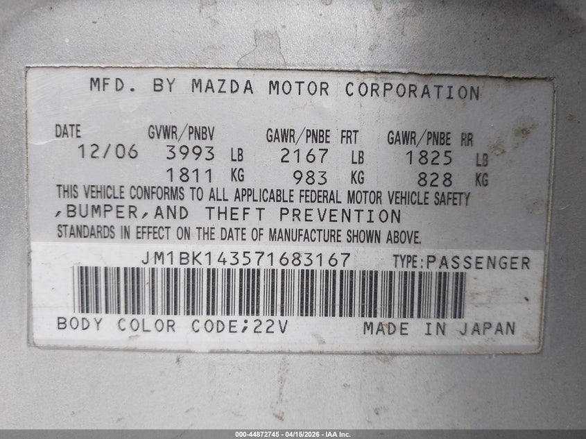 2007 Mazda Mazda3 S Sport VIN: JM1BK143571683167 Lot: 44872745