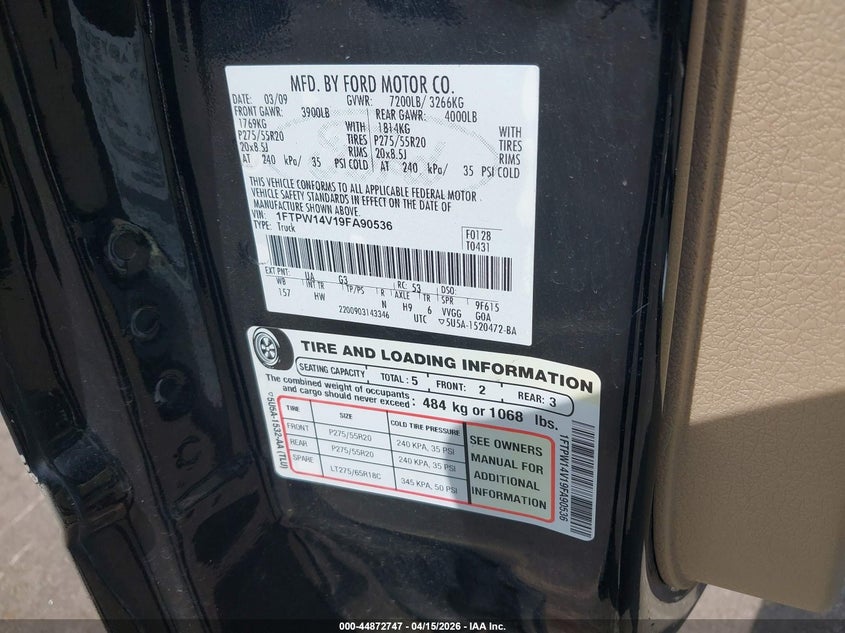 2009 Ford F-150 Fx4/King Ranch/Lariat/Platinum/Xl/Xlt VIN: 1FTPW14V19FA90536 Lot: 44872747