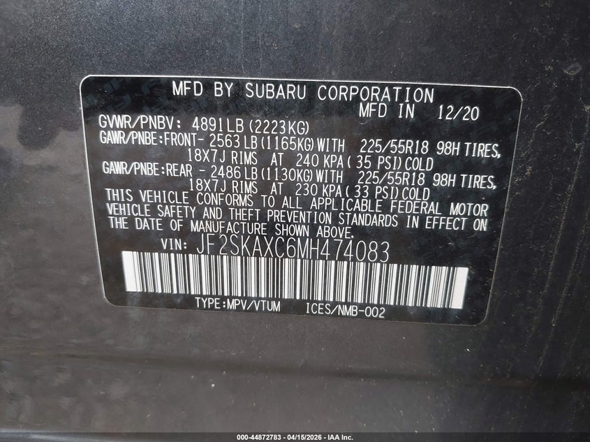 2021 Subaru Forester Touring VIN: JF2SKAXC6MH474083 Lot: 44872783