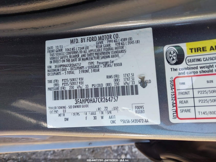 2012 Ford Fusion Se VIN: 3FAHP0HA7CR264757 Lot: 44872793