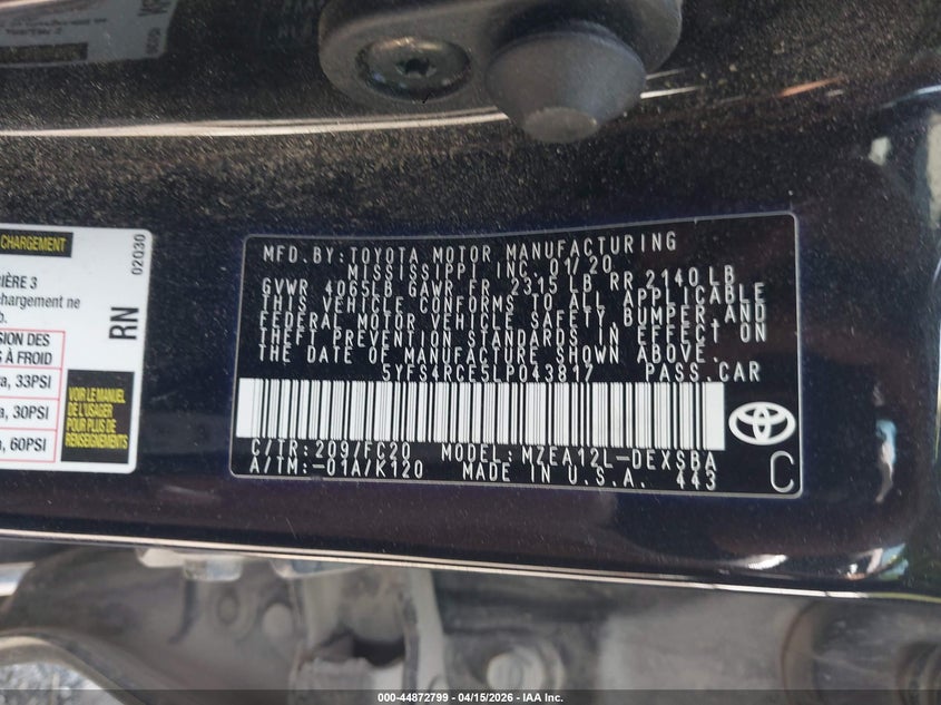 2020 Toyota Corolla Se VIN: 5YFS4RCE5LP043817 Lot: 44872799