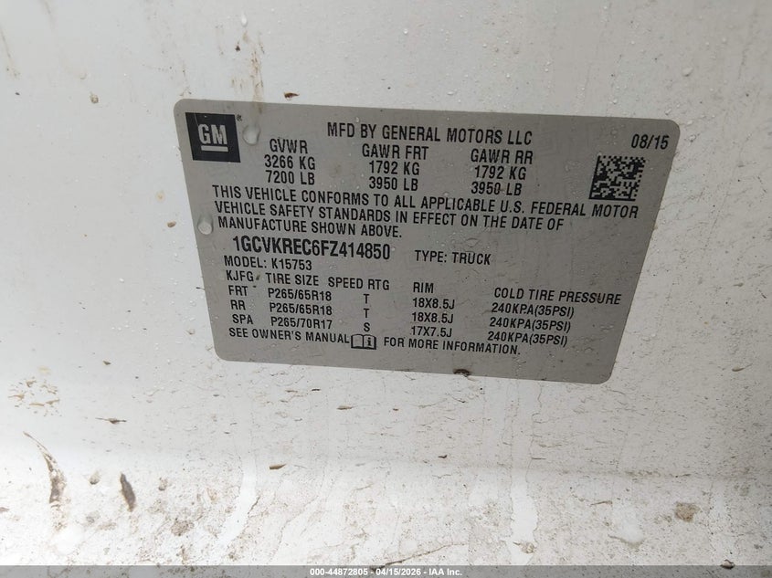 2015 Chevrolet Silverado 1500 2Lt VIN: 1GCVKREC6FZ414850 Lot: 44872805