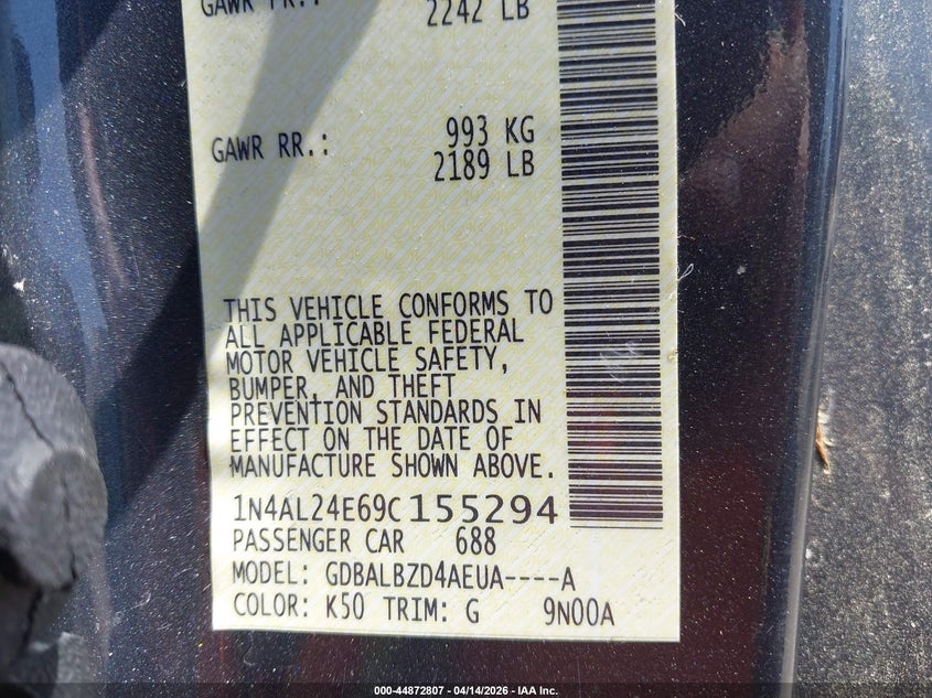 2009 Nissan Altima 2.5 S VIN: 1N4AL24E69C155294 Lot: 44872807