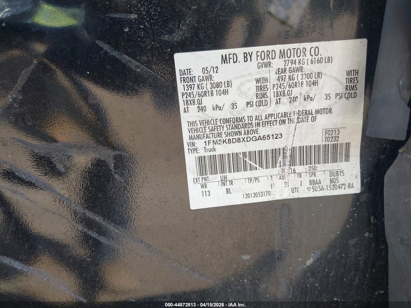 2013 Ford Explorer Xlt VIN: 1FM5K8D8XDGA65123 Lot: 44872813