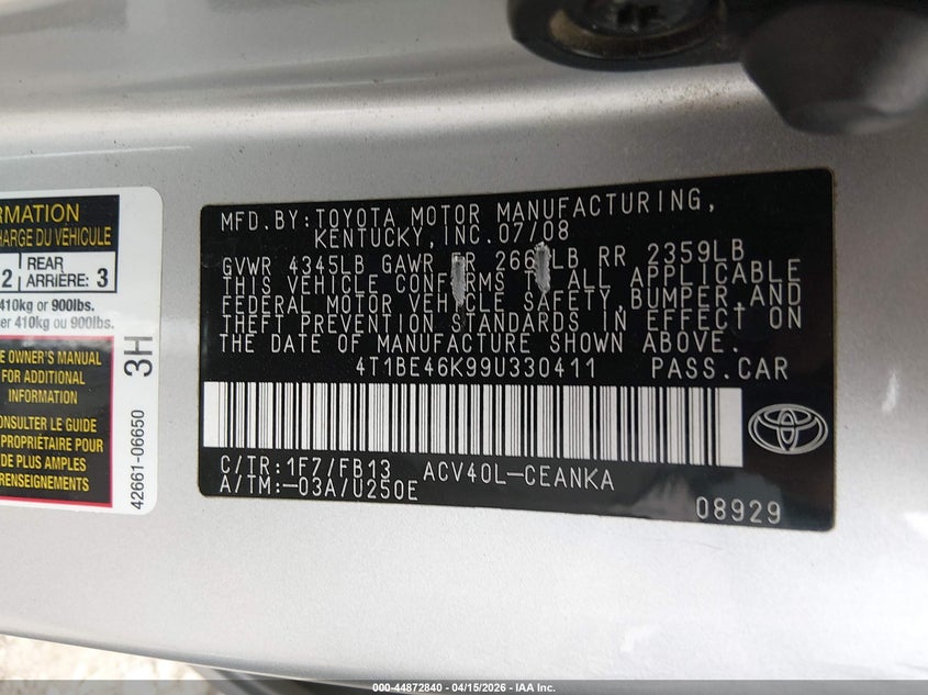 2009 Toyota Camry Le VIN: 4T1BE46K99U330411 Lot: 44872840