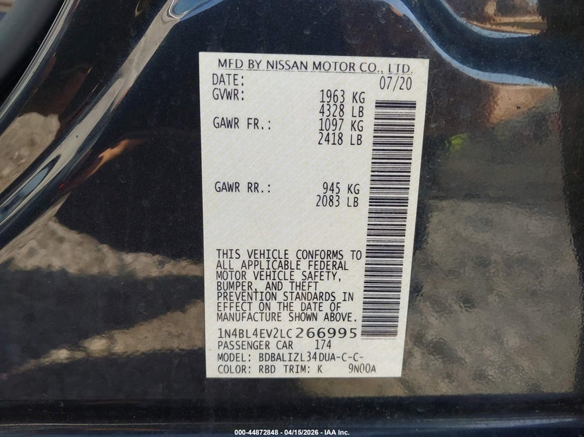2020 Nissan Altima Sl Fwd VIN: 1N4BL4EV2LC266995 Lot: 44872848