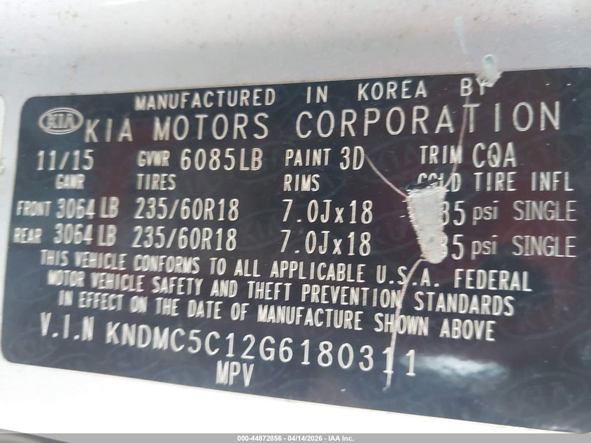2016 Kia Sedona Ex VIN: KNDMC5C12G6180311 Lot: 44872856