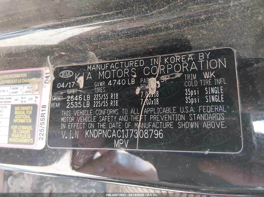2018 Kia Sportage Ex VIN: KNDPNCAC1J7308796 Lot: 44872882