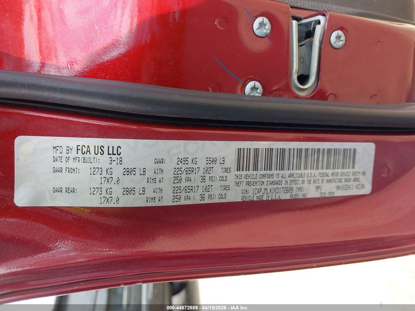 2019 Jeep Cherokee Latitude Plus 4X4 VIN: 1C4PJMLX1KD172609 Lot: 44872889