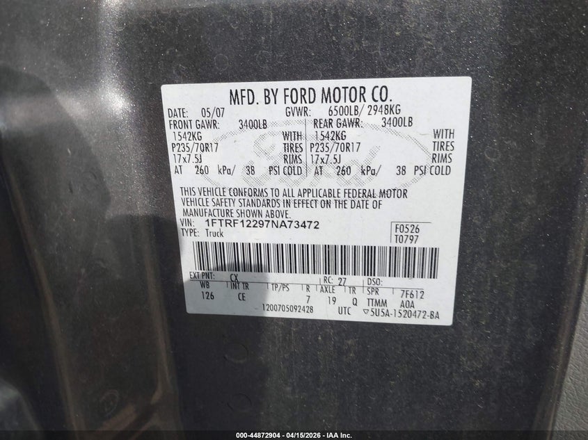 2007 Ford F-150 Stx/Xl/Xlt VIN: 1FTRF12297NA73472 Lot: 44872904