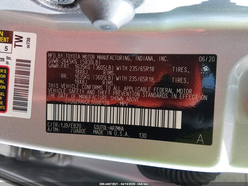 2020 Toyota Highlander Xle VIN: 5TDGZRAH2LS508128 Lot: 44872921