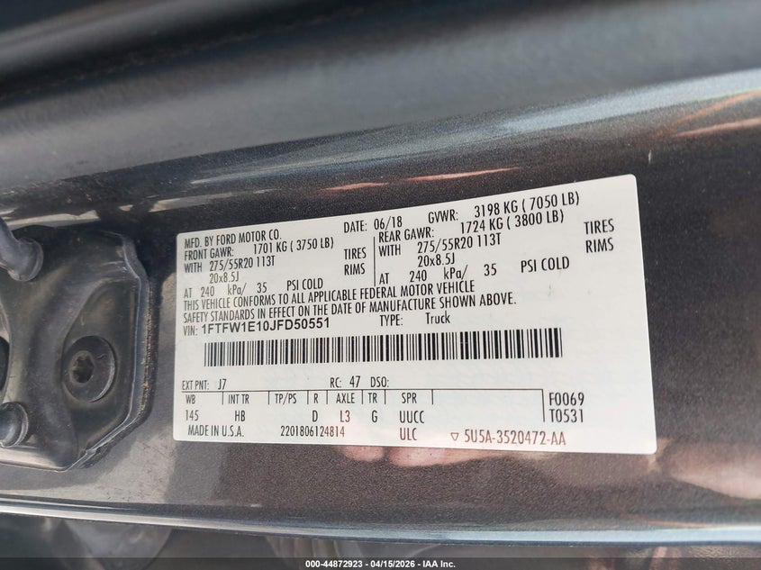 VIN 1FTFW1E10JFD50551 2018 FORD F-150 LARIAT