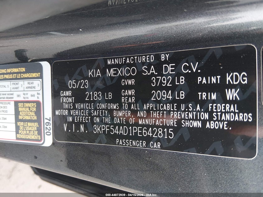 2023 Kia Forte Gt-Line VIN: 3KPF54AD1PE642815 Lot: 44872939