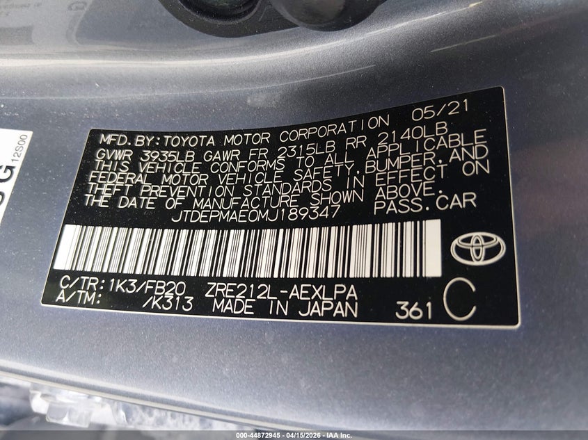 2021 Toyota Corolla Le VIN: JTDEPMAE0MJ189347 Lot: 44872945