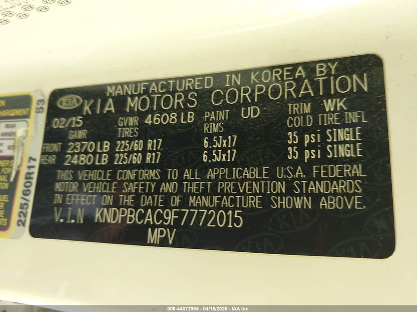2015 Kia Sportage Lx VIN: KNDPBCAC9F7772015 Lot: 44872955