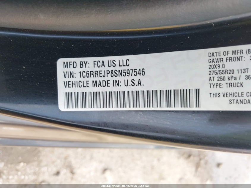 2025 Ram 1500 Laramie 4X2 5'7 Box VIN: 1C6RREJP8SN597546 Lot: 44872960