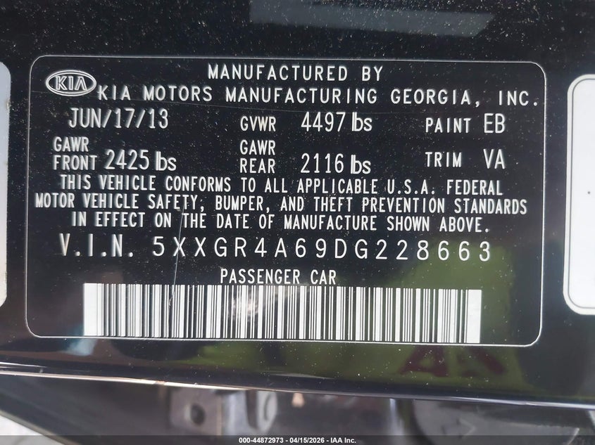 2013 Kia Optima Sx VIN: 5XXGR4A69DG228663 Lot: 44872973