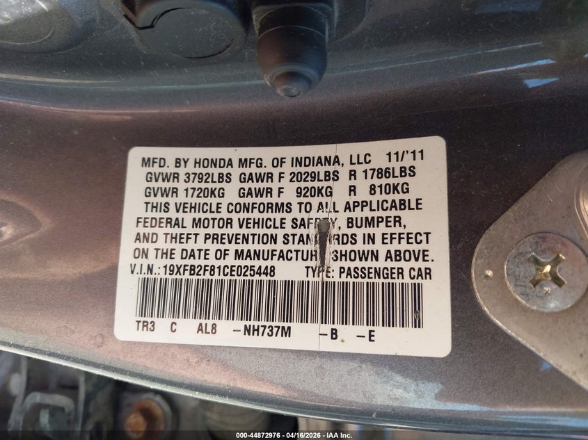 19XFB2F81CE025448 2012 Honda Civic 1.8 Ex grey