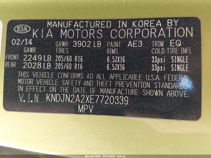 2014 Kia Soul VIN: KNDJN2A2XE7720339 Lot: 44872984