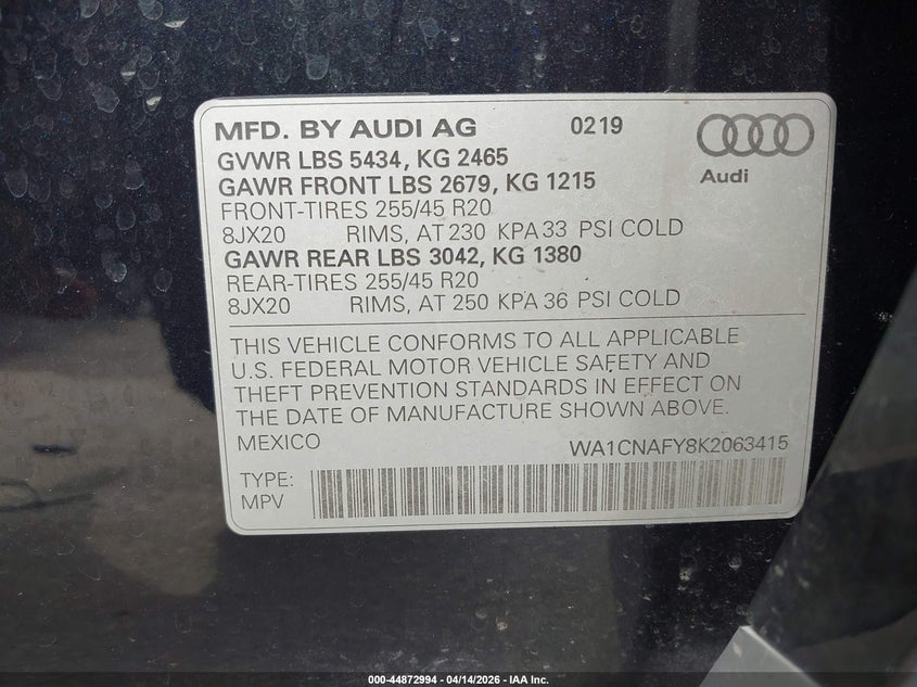 2019 Audi Q5 45 Premium VIN: WA1CNAFY8K2063415 Lot: 44872994