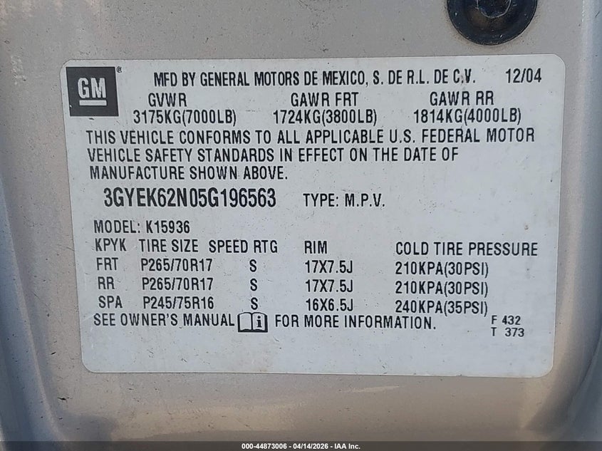 2005 Cadillac Escalade Ext Standard VIN: 3GYEK62N05G196563 Lot: 44873006