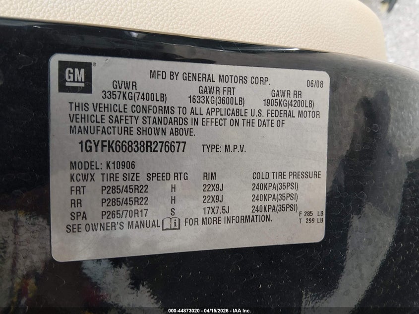 2008 Cadillac Escalade Esv Standard VIN: 1GYFK66838R276677 Lot: 44873020