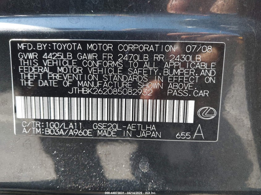 2008 Lexus Is 250 VIN: JTHBK262085082932 Lot: 44873031