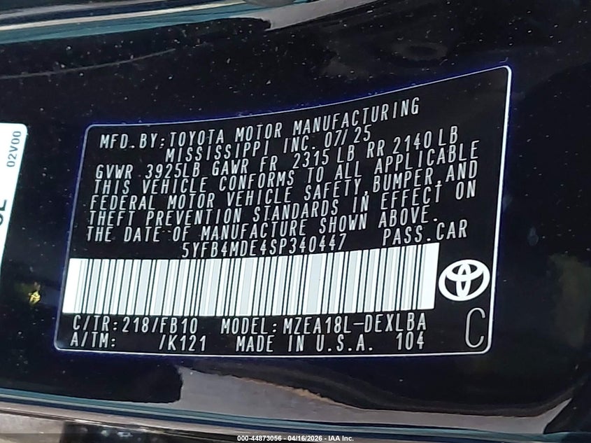 2025 Toyota Corolla 2.0 Le black Lot 111044873056 Vin 5YFB4MDE4SP340447