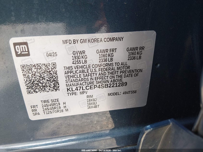 2025 Buick Envista Avenir Fwd VIN: KL47LCEP4SB221289 Lot: 44873058