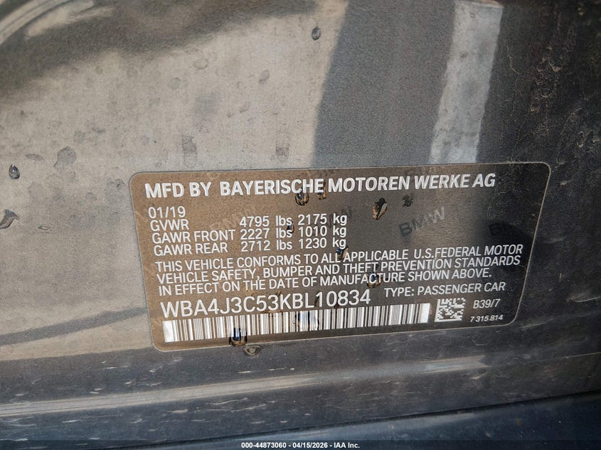 2019 BMW 430I Gran Coupe xDrive VIN: WBA4J3C53KBL10834 Lot: 44873060