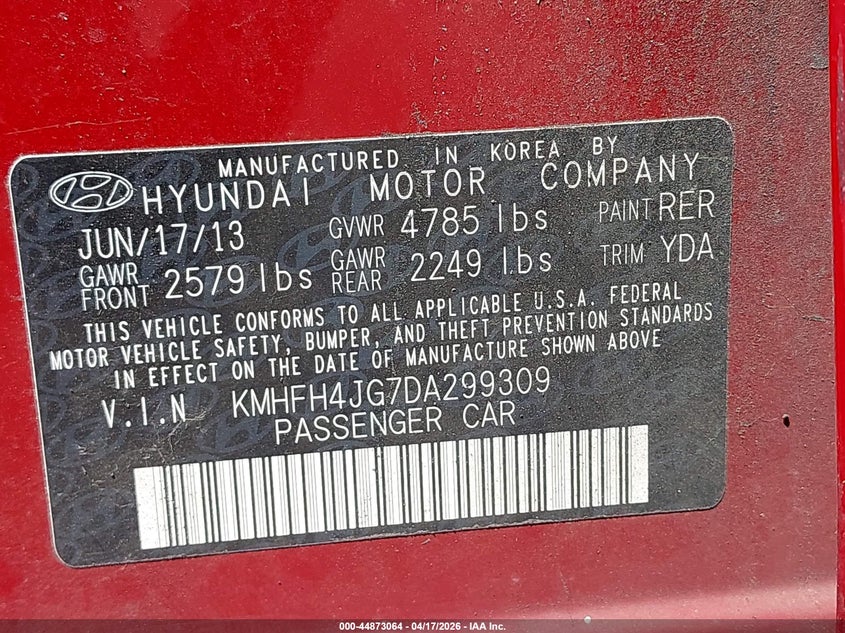 2013 Hyundai Azera VIN: KMHFH4JG7DA299309 Lot: 44873064