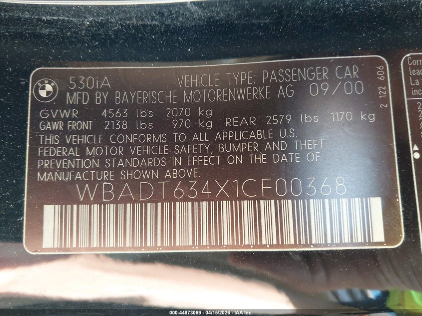 2001 BMW 530Ia VIN: WBADT634X1CF00368 Lot: 44873069