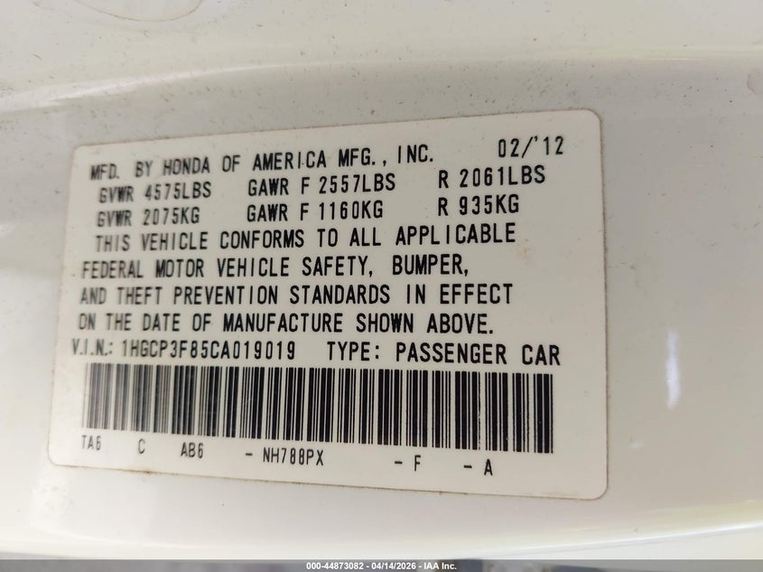 2012 Honda Accord 3.5 3.5 Ex-L white Lot 111044873082 Vin 1HGCP3F85CA019019